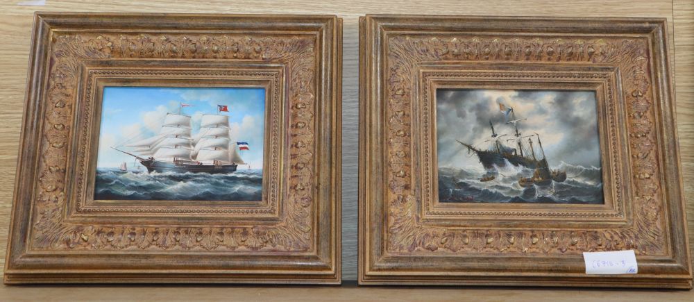 H Neilson, a pair of modern oils on board, Shipping scenes, 12 x 17cm